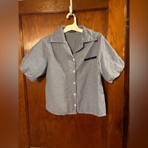 Blue Gingham Button-Up Shirt with Elasticized Puff Sleeves